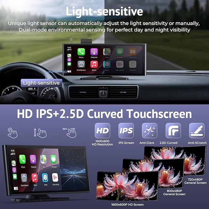 Carplay Screen for Car 10.26" HD IPS Wireless Compatible with Apple Carplay & Android Auto,Touch Car Play Screen with SuperLink,4K Dash Cam,1080p Backup Camera,Loop Recording,Bluetooth Audio,GPS,Siri
