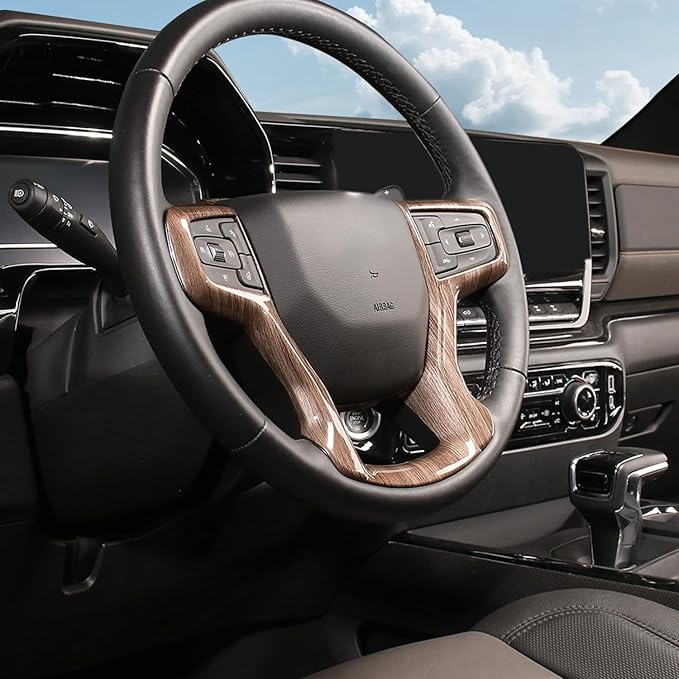 Voodonala for Chevy Silverado Steering Wheel Panel Cover Interior Steering Wheel Accessories Compatible with Chevy Silverado 2019+ Surburban 2020+ Tahoe 2021+(1Pc,ABS,Wood)