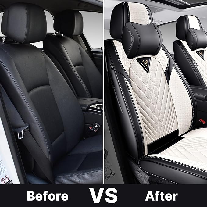Car Seat Covers,Waterproof Nappa Leather Automotive Seat Covers Full Set for Cars SUV Truck Sedan,Universal Anti-Slip Seat Protector Breathable Seat Cover (2 Seat-Headrest,Black&White)