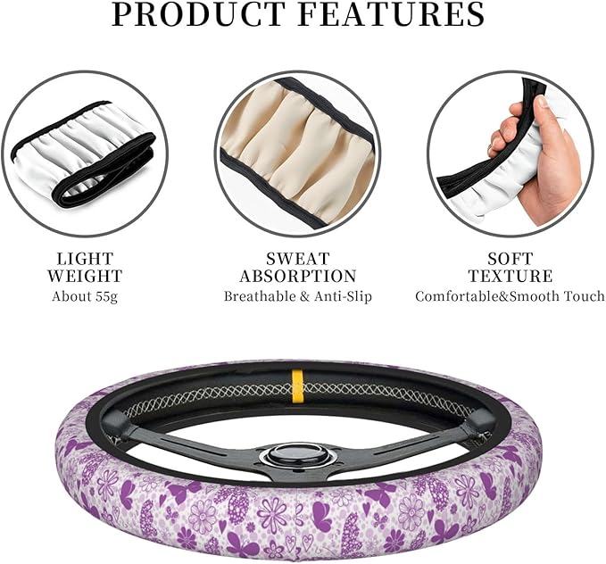 Dujiea Hearts and Butterflies Elastic Stretch Steering Wheel Cover, Anti-Slip and Durable Car Steering Wheel Accessories for Women Men, 15 Inch Universal Fit Car, Truck, SUV