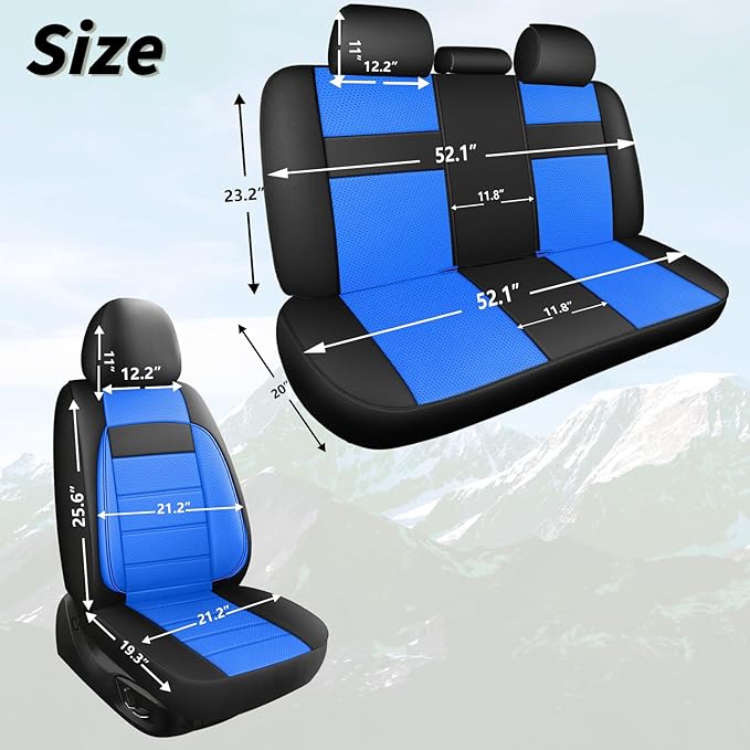 Leather Car Seat Covers Front Seats, 3D Foam Support Car Seat Covers, Universal fit for Trucks Vans SUVs Sedans Automotive Comfortable, Airbag Compatible 2PCS Front, Black+Blue