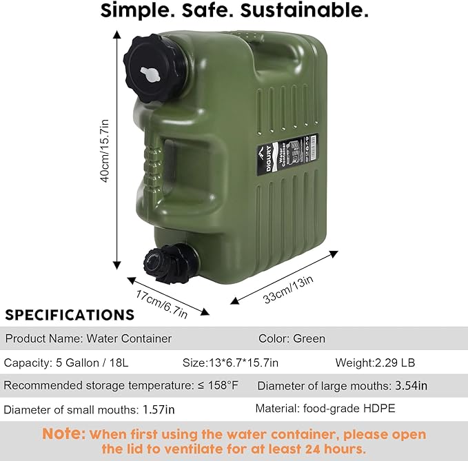 5 Gallon Water Jug, Camping Water Container BPA Free Water Storage with Spigot No Leakage Portable Emergency Water Tank for Outdoor Hiking Camping Picnic Supplies Green
