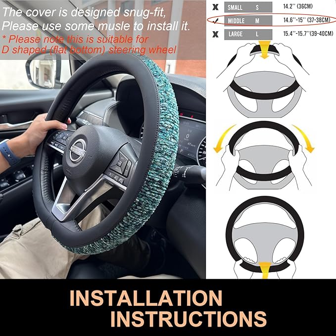 PINCTROT D Shaped Chenille Leather Steering Wheel Cover, Soft Mottled Colors, Sweat-Proof, Non-Slip Grip, All-Season Comfort, Flat Bottom 14.5-15 Inch(Mottled Teal)
