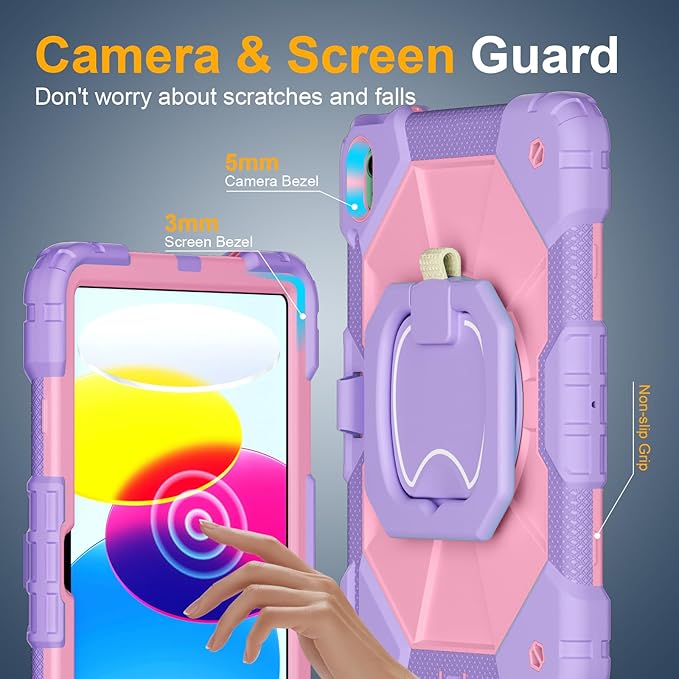 Case for iPad (A16) 11th/10th Generation 11/10.9 Inch 2025/2022, Ubearkk for iPad a16 case with Screen Protector, 360 Degree Rotating Stand Shoulder Strap Pencil Holder, Purple Pink