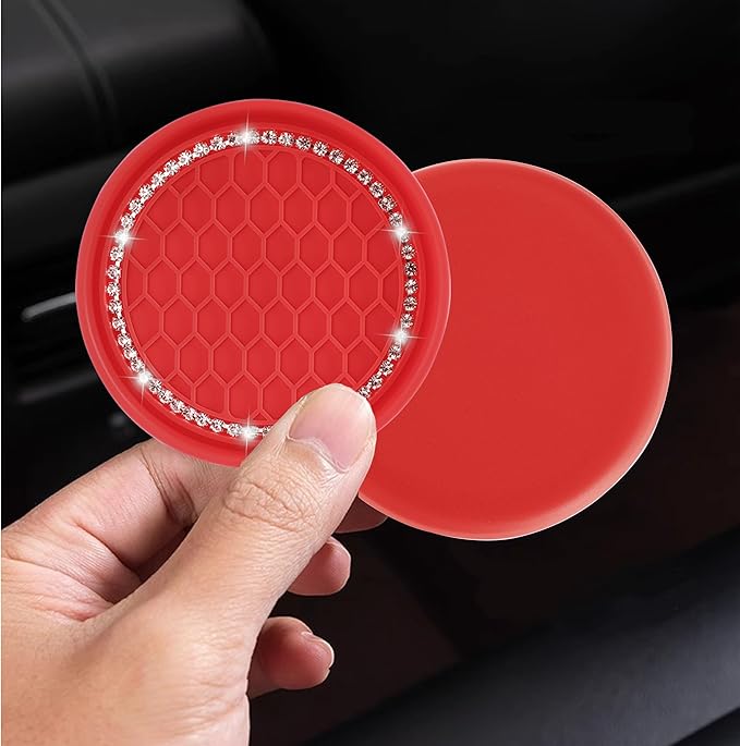 Amooca Car Cup Coaster 4 Pack Universal Non-Slip Cup Holders Insert Coasters Bling Crystal Rhinestone Car Interior Accessories Red Grid
