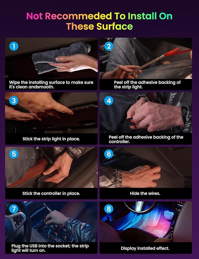 Pak Car LED Lights, Smart RGB 48 LED Car Interior Light with APP Control, Under Dash Car Strip Lights, Music Mode, DIY Mode, 2 Lines Design with Car Charger, Ambient Lighting for Cars, SUVs, Trucks