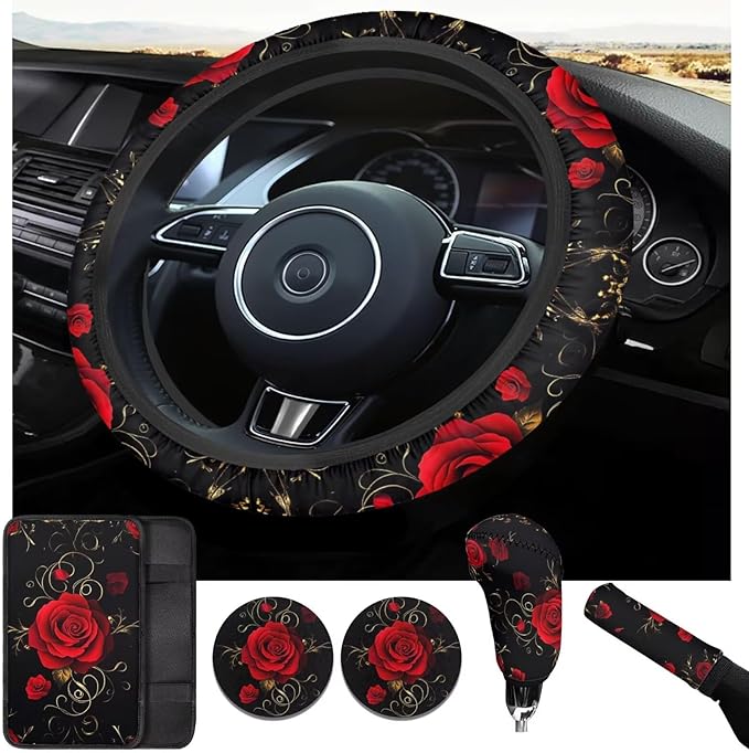 Flower Print Car Decor Set for Women Girls Red Rose Steering Wheel Cover Cup Holder Handbrake Gear Cover Car Interior Accessories -6pcs