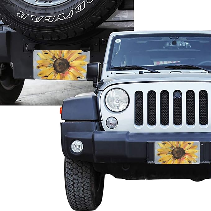 Sunflower Front License Plate Aluminum Decorative License Plates Funny Metal Car Plate 6"X12" Novelty Vanity Tag Cover with 4 Holes Car Decor Accessory