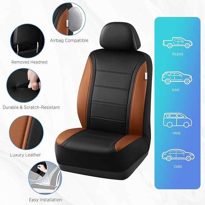 Road Comforts Leather Seat Covers, Breathable Car Seat Covers Front Seat for Men,Airbag Compatible, Automotive Seat Covers Set Universal Fit Most Cars,Vans,Truck,SUV