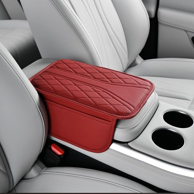 Upgraded Car Center Console Cover Microfiber Leather Armrest Cover Cushion with 2 Storage Bags&Universal Car Armrest Storage Box Universal Car Interior Accessory (2 Pockets, Red)