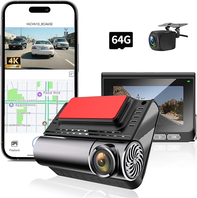 Dash Cam Front and Rear, 4K/2.5K Dual Channel Dashboard Camera Recorder, Night Vision, with Built-in Wi-Fi, GPS, App Control, Wide Angle, 24 Hours Parking Mode, G-Sensor, Included 64GB Card