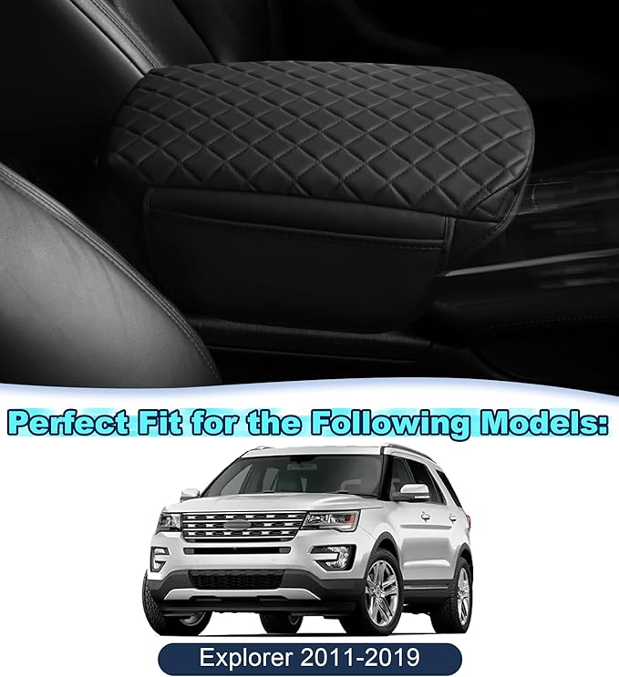 Armrest Cover for Ford Explorer Center Console Pad with Organizer Storage Pockets, Black Faux Leather Arm Rest Lid Protector Cushion Interior Accessories (2011-2019)