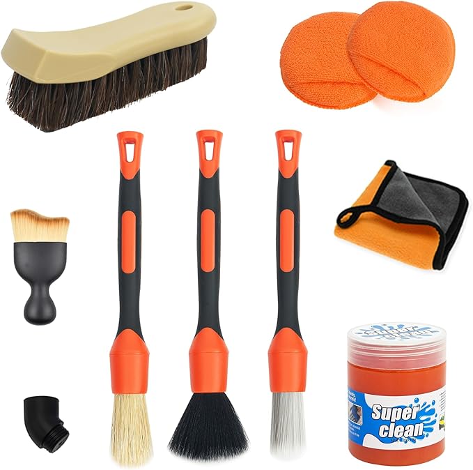 10PCS Car Detailing Brush Set Bristle Horse Hair Boars Brush with Elbow Adapter, Microfiber Wax Applicator Pads, Drying Towel and Cleaning Gel, Cleaning Kit for Car Interior & Exterior