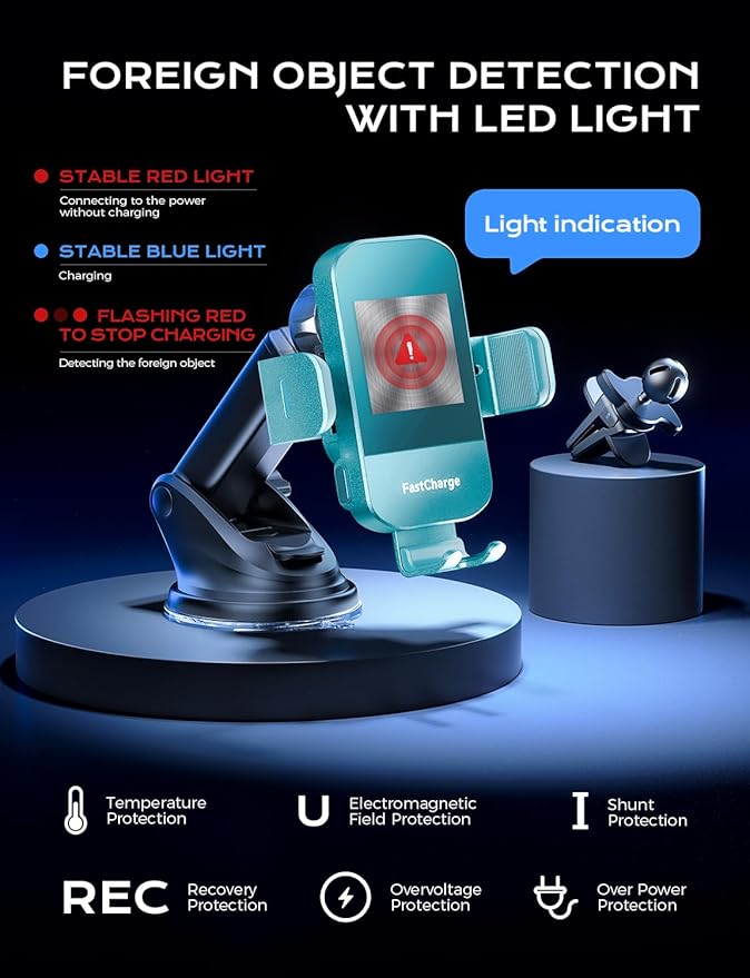 CHGeek Wireless Car Charger, 15W Fast Charging Auto Clamping Car Charger Phone Mount Phone Holder fit for iPhone 16 15 14 13 12 Pro Max 11 XR XS, Samsung Galaxy S25 Ultra S24 S23 S22, Dark Teal