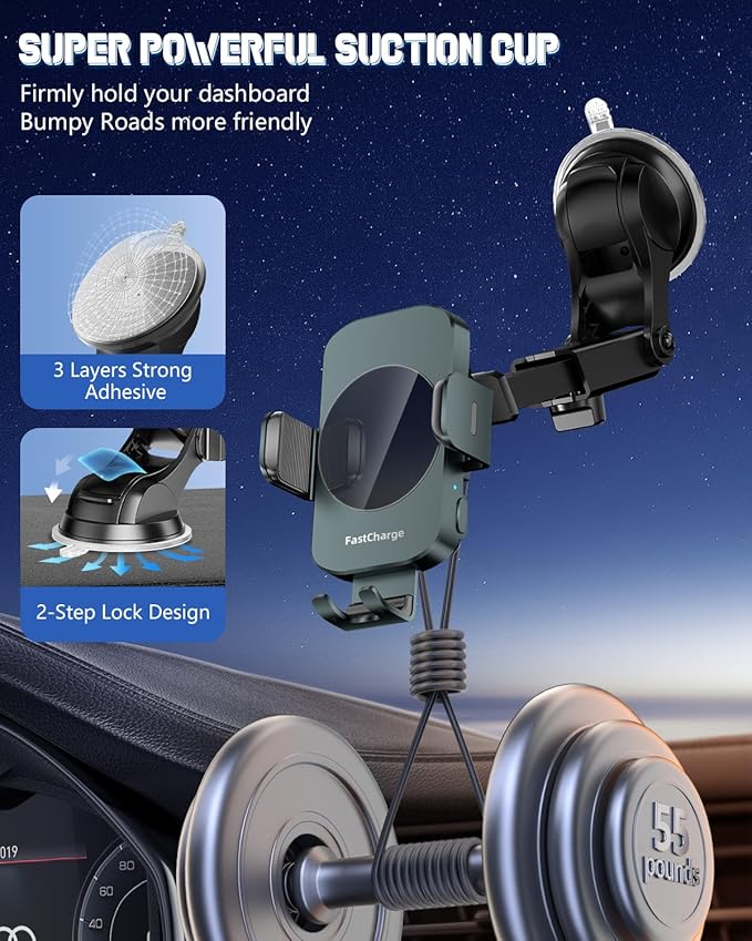 Wireless Car Charger, Fast Charging Phone Holder 3 in 1 Phone Mount Auto Clamping Car Accessories Compatible with iPhone 17 16 15 14 13 12 11 Xs XR, Samsung S23 Ultra S22 S21 S20(Forest Green)