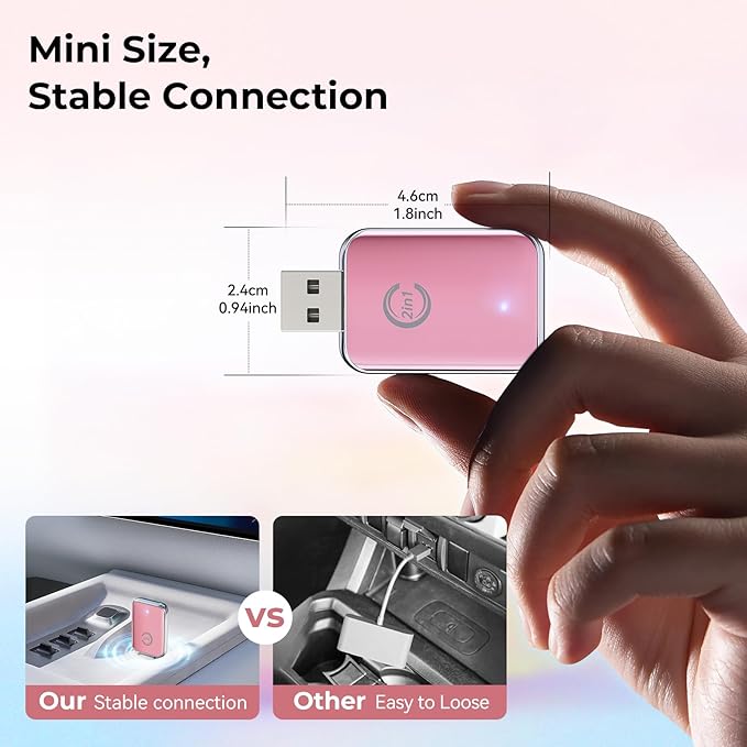 Wireless Carplay Adapter for iPhone, Convert Wired Carplay to Wireless, 2 in 1 Plug and Play Android Auto and Carplay Adapter for iOS 10 Android 11 and Above, Cars with Built-in Carplay (Pink)