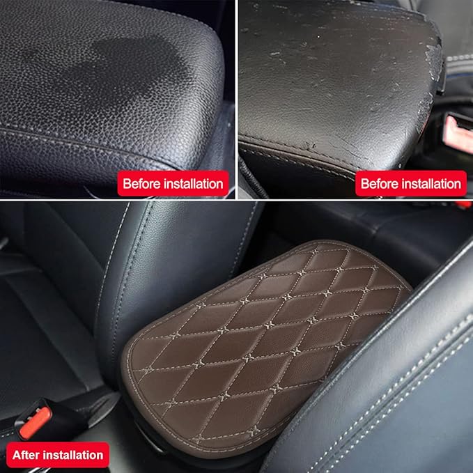 Auto Center Console Pad, PU Leather Car Center Console Box Cushion, Non Slip Soft Armrest Seat Box Cover, Waterproof Vehicle Armrest Protector for SUV, Truck, Car (Rhombic Lattice Brown/Beige)