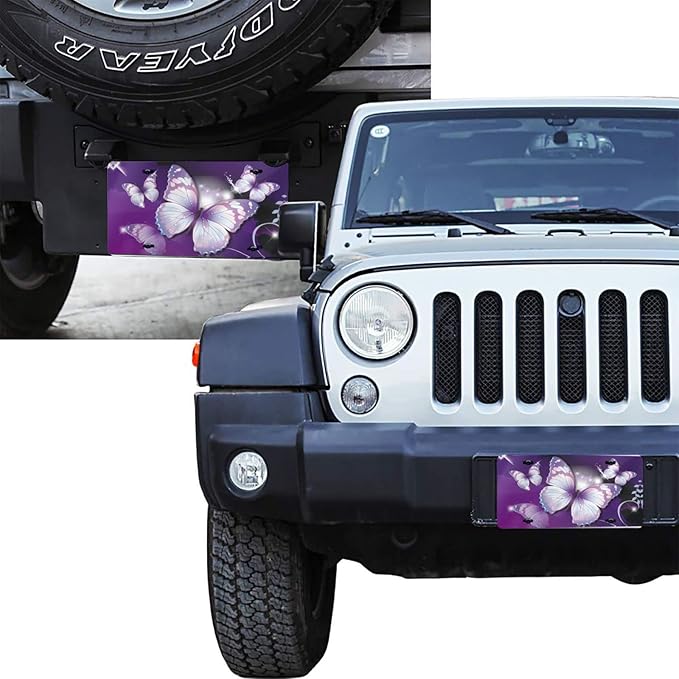 Purple Flower and Butterflies Front License Plate Aluminum Decorative License Plates Funny Metal Car Plate 6"X12" Novelty Vanity Tag Cover with 4 Holes Car Decor Accessory