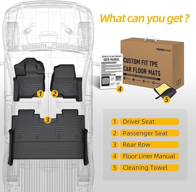 PWY Car Mats for Ford F150 2015-2025 / F-150 Lightning SuperCrew 2022-2025 (Rear w/o Fold Flat Storage), Custom Truck Mats, TPE Heavy Duty Floor Liners, All Weather Car Liners, 3PCS Truck Accessories