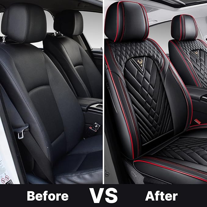 Universal Leather Auto Seat Cover - 5 Seat, Front and Rear, Black & Red