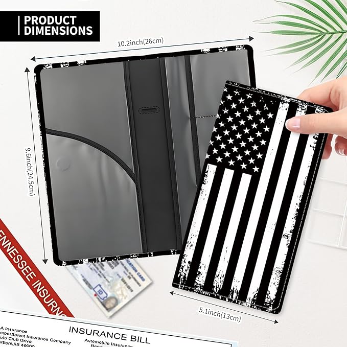 Leather Car Registration and Insurance Card Holder, Cute Car Accessories Vehicle Glove Box Car Organizer for Documents, Cards, License Retro American Flag