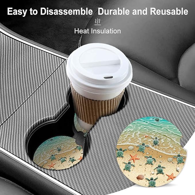 Turtles On The Beach Absorbent Cup Holders Car Coasters,Ceramic Stone Drinks Coaster Set for Women Man 2.56"(2 Pack)