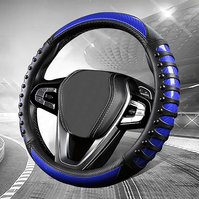 3D Massage Blue Carbon Fiber Leather Steering Wheel Cover, 14.5-15 Inch Non-Slip Breathable Microfiber Car Steering Wheel Protector
