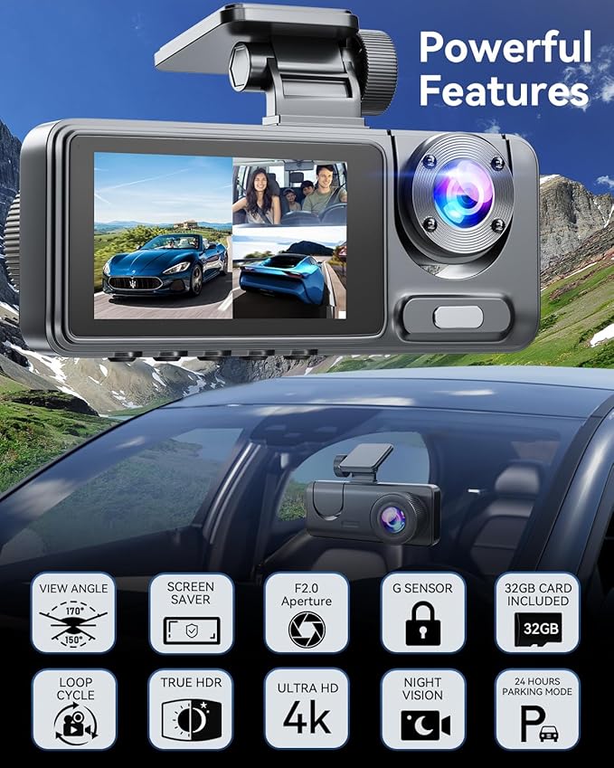 3 Channel Dash Cam for Cars Front Rear Inside, 4K WiFi Dash Cam w/ 32GB Card, 2.0" IPS Screen Dashboard Camera Recorder with App Control, G-Sensor, Loop Recording, Night Vision, Parking Monitor