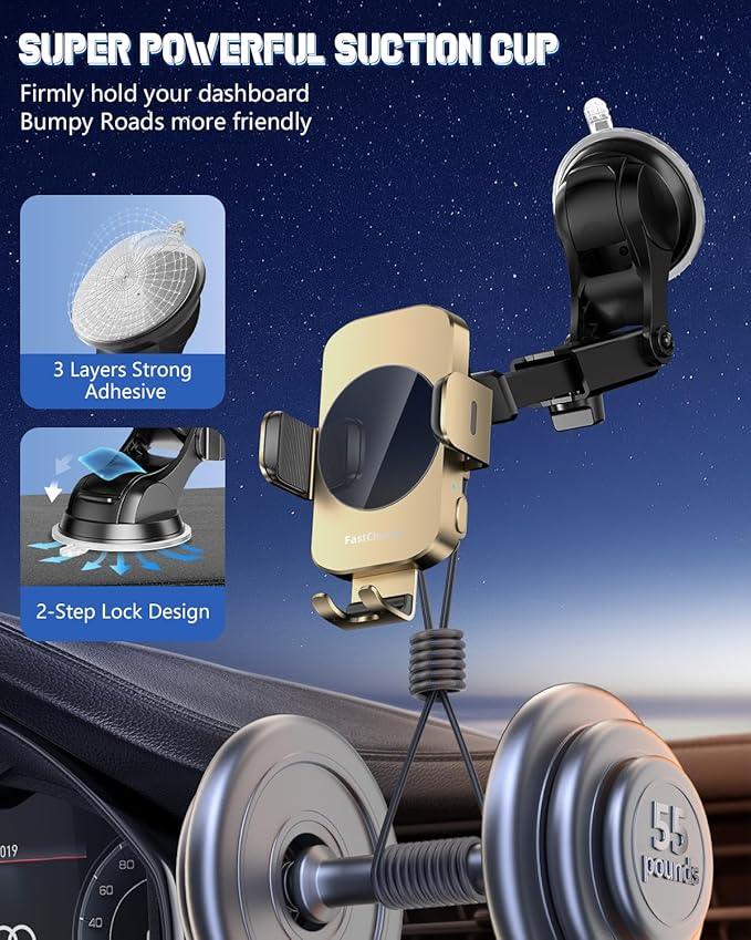 Wireless Car Charger, Fast Charging Phone Holder 3 in 1 Phone Mount Auto Clamping Car Accessories Compatible with iPhone 17 16 15 14 13 12 11 Xs XR, Samsung S23 Ultra S22 S21 S20(Amber Yellow)