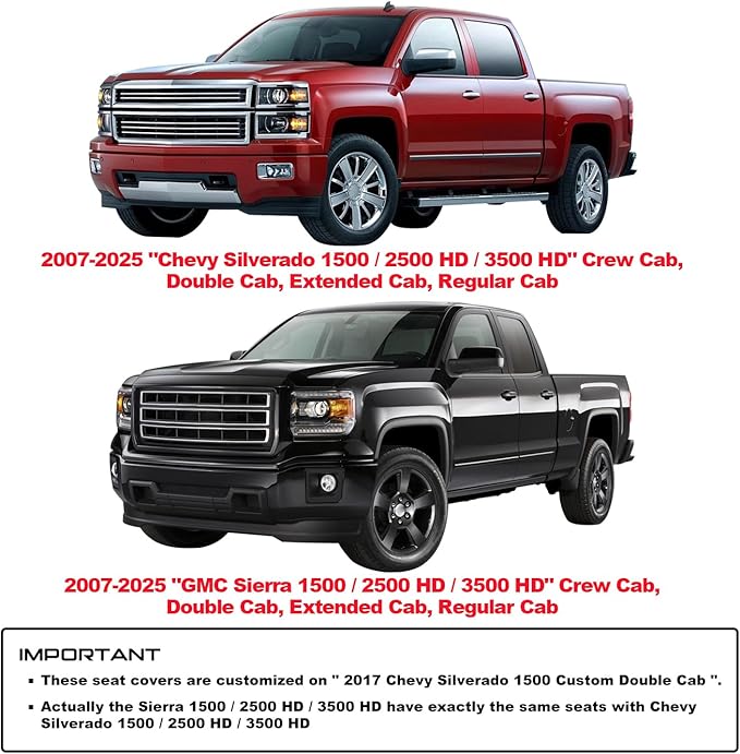 Aierxuan Chevy Silverado GMC Sierra 2 Front Seat Covers Pickup Custom Fit 2007-2025 1500 2500HD 3500HD Crew Double Extended Cab Waterproof Leather Seat Protectors(2 PCS Front, Black)