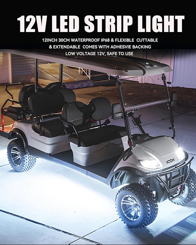 12V Led Light Strip 24" Connectable White Led Strip Lights for Cars Golf Cart Motorcycle Boat Trucks Waterproof Interior& Exterior, 4Pack