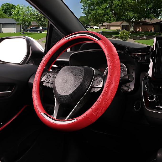 SEG Direct Car Steering Wheel Cover Medium Size 14 1/2"-15" Embossed Microfiber Leather with Carbon Fiber Pattern Red