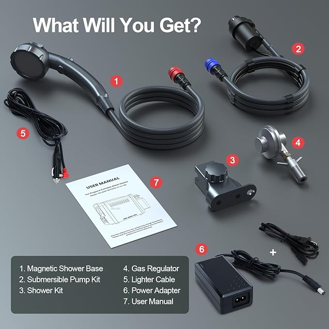 Portable Water Heater, Propane Water Heater with Shower Pump, Max 100 Mins 3s Instant Hot 20,000 BTU, 4000mAh Rechargeable Built-in Battery for Outdoor Cleaning, Camping, Hunting, Hiking