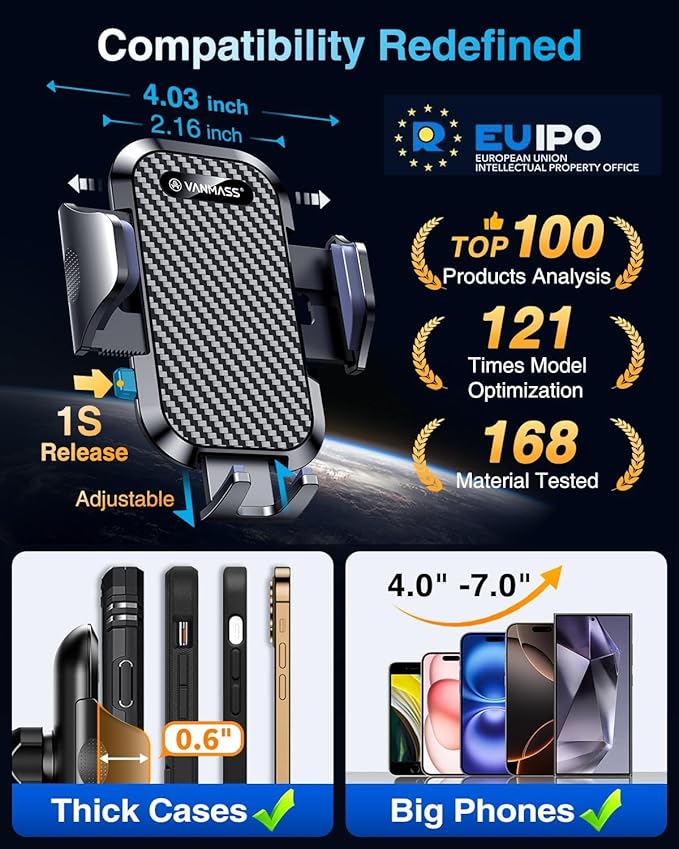 VANMASS BEST Phone Holders for Your Car Ultimate Military-Grade Car Phone Holder MountใPatent & Safety CertsใUpgraded Shockproof Truck Air Vent Phone Mount for iPhone 17 Pro Max 16 15 Samsung Android