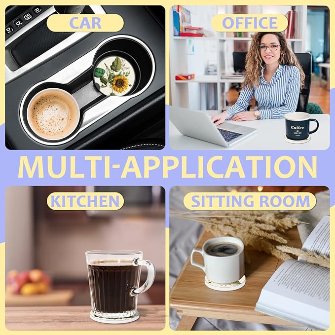 2 Pack Car Cup Holder Coaster-Sunflower Green Leaves Absorbent Ceramic Coaster, Car Coasters for Cup Holders,Auto Accessories for Women & Men