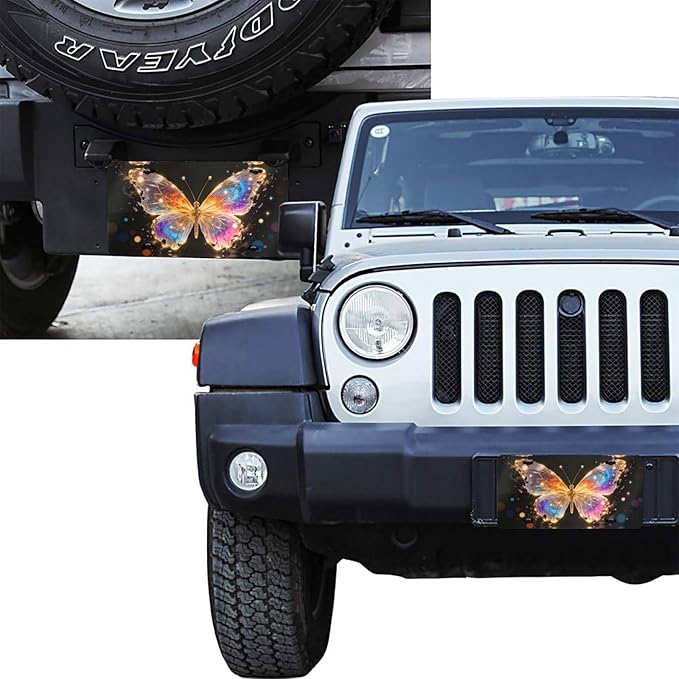 Butterfly Sparkling Starlight Front License Plate Car Decorative License Plates Aluminum Metal Decor Accessory Novelty Vanity Tag Cover with 4 Holes for Men Women 6" X 12"
