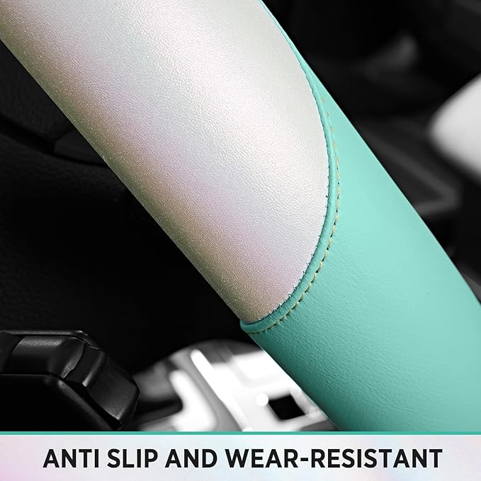 Road Comforts Steering Wheel Cover – Breathable Leather Steering Wheel Cover, Anti-Slip Grip, Universal Fit 14.5” to 15”, Heat & Cold Resistant for Cars, SUVs, and Trucks –Shining White & Mint