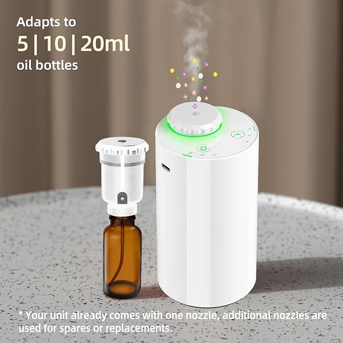 Waterless Diffuser for Essential Oil Nebulizer, 7 Colors LED Light, Battery Powered Mini Scent Air Machine, Aromatherapy Mist Diffuser for Home Room Car Office Black (White-2)