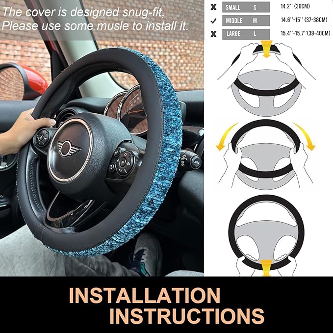 PINCTROT Chenille Leather Steering Wheel Cover, Soft Mottled Colors, Sweat-Proof, Non-Slip Grip, All-Season Comfort, Universal 14.5-15 Inch(Mottled Blue)