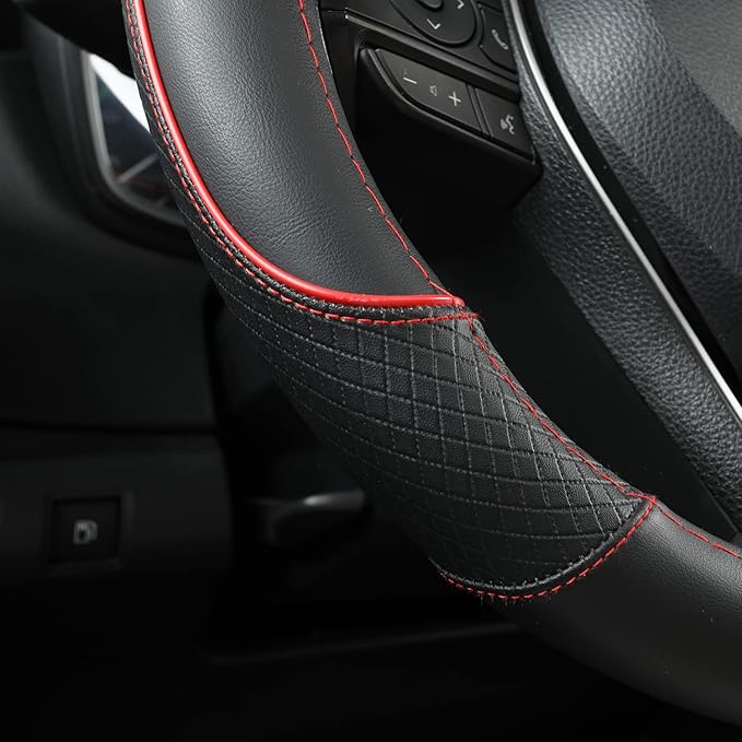 GIANT PANDA Steering Wheel Cover for Toyota, Auto Car Steering Wheel Cover for Toyota Highlander 4Runner Tacoma Corolla Camry - Black+Red Trim