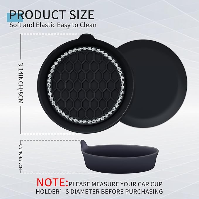 Amooca Car Cup Coaster Universal Non-Slip Cup Holders Bling Crystal Rhinestone Car Interior Accessories 2 Pack Black