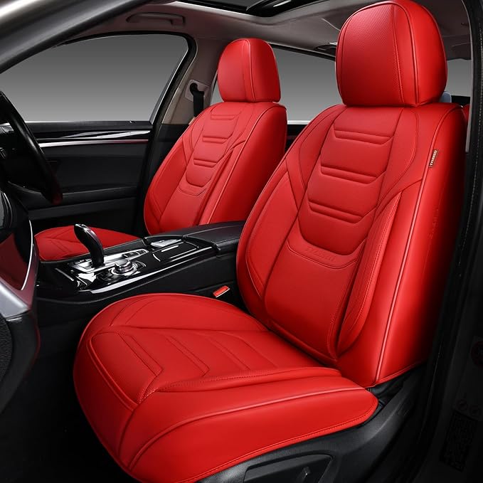 Leather Car Seat Covers Full Set with Lumbar Support, Waterproof Car Seat Cover, Universal Seat Covers for Cars, Trucks, SUVs, Sedans, Airbag Compatible, Front Pair and Rear, Red