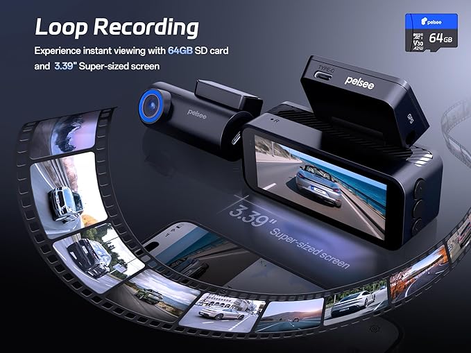 Pelsee P1 Pro 4K Dash Cam Front and Rear, STARVIS 2 Sensor, 64GB Card, Dual Dash Camera for Cars with Full-Color Night Vision, HDR WDR, ADAS, GPS, WiFi & Voice Control, 24H Parking Mode, 3.39" Screen