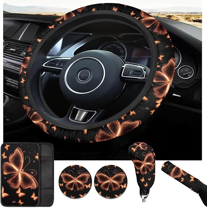 Butterfly 6pcs Car Steering Wheel Cover Sets Yellow Car Accessories for Men Women Cup Holder Handbrake Gear Cover for SUV Truck Sedan
