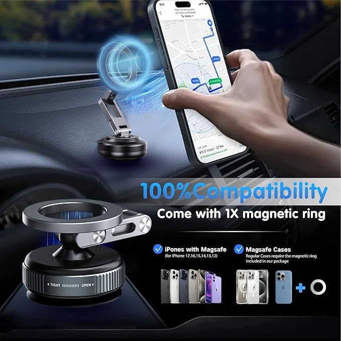 Vacuum Magnetic car Phone Mount,360° Joint Ball Adjustable Suction Cup Phone Mount for magsafe, Aluminum Alloy Telescopic Arm,Double-Sided Magnetic Phone Holder for Windshield Smooth Surface