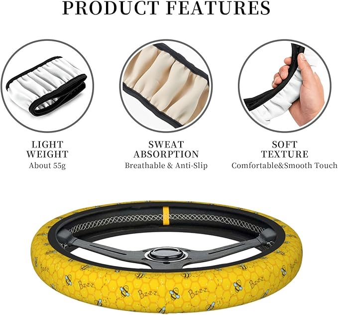 Dujiea Cute Bees and Honeycombs Elastic Stretch Steering Wheel Cover, Anti-Slip and Durable Car Steering Wheel Accessories for Women Men, 15 Inch Universal Fit Car, Truck, SUV