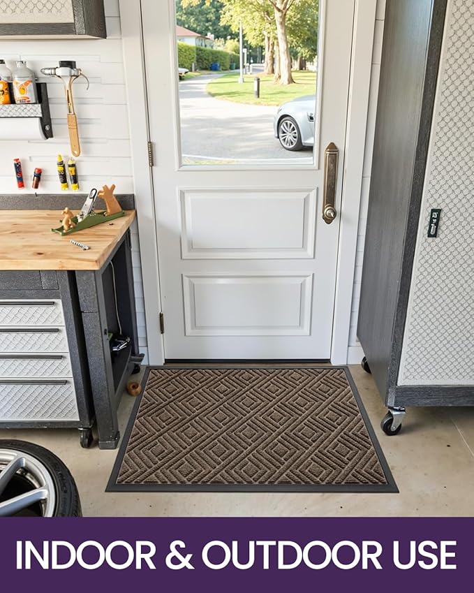 DEXI Front Door Mat Outside Entrance, Heavy Duty Rubber Backed Doormat, Stain and Fade Resistant, Low-Profile Easy Clean Entryway Floor Mats, 17x29, Checkered Brown