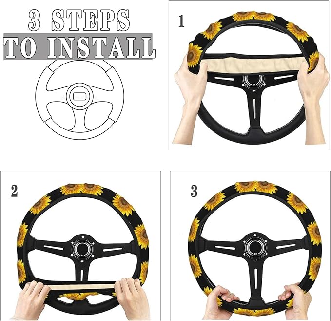 Golden Sunflower Black Steering Wheel Covers Anti-Slip Elasticity Car Accessories Steering Wheel Protector Universal 15 Inch for Cars SUV Vehicle Truck