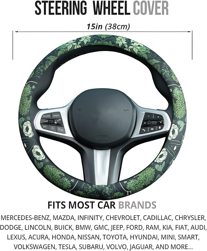 Sage Green Floral and Plant Steering Wheel Cover Auto Steering Wheel Protector, Anti-Slip, Breathable, Absorbing Sweat, Universal Plant Car Accessories 14.5–15 inch,Fit for Most Car, Trucks, SUV