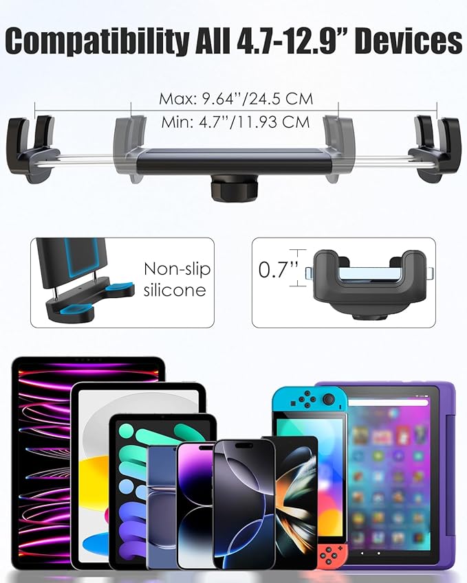 Charchendo for Tesla Model Y Model 3 Headrest Tablet Mount with Metal Ball Head Fits 4-13'' Devices, Car Back Seat iPad Holder Kids Adjustable Travel for iPad 12.9, Tablet, Phone, Switch, Fire HD 10